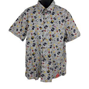 Aloha Made Me Mens Large L Hawaiian Short Sleeve Shirt Maneki Neko Grey Button